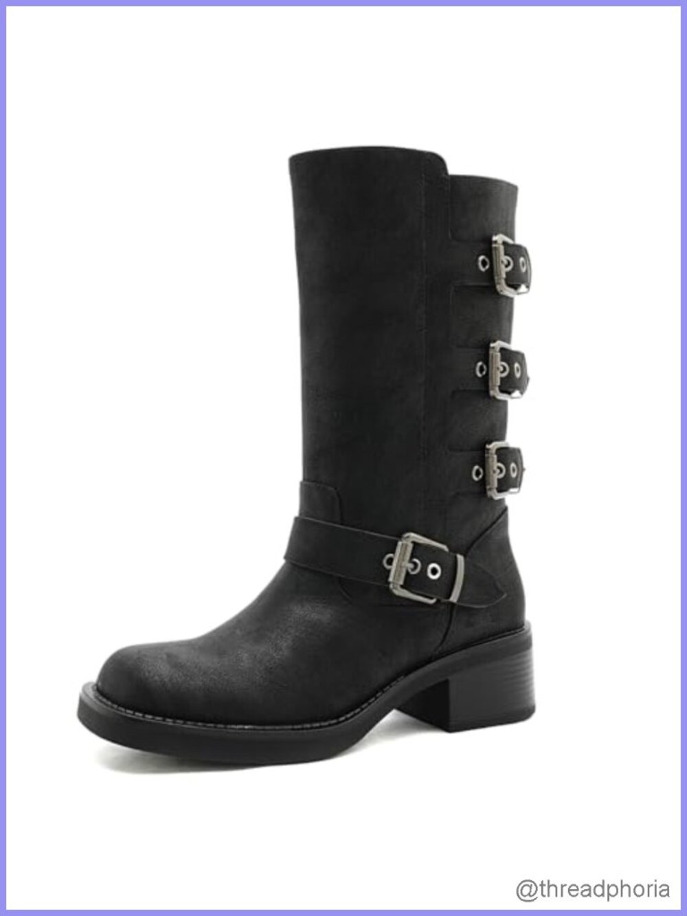 Women's Mid-Calf Motorcycle Boots Faux Leather Square Toe Low Heel Zip